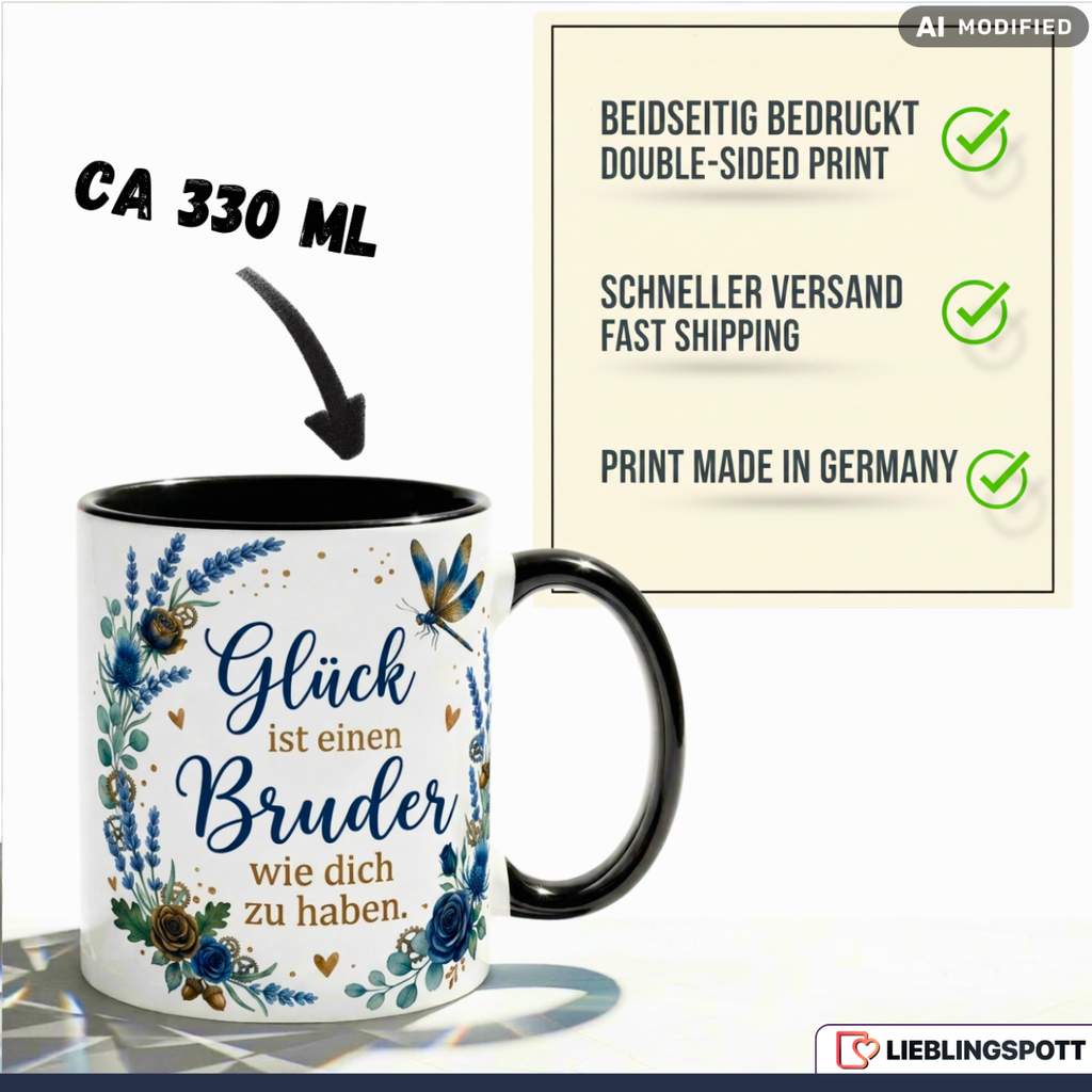 Bruder Tasse Spruch Glück Geschenk Danke Geburtstag Blau Becher 330ml