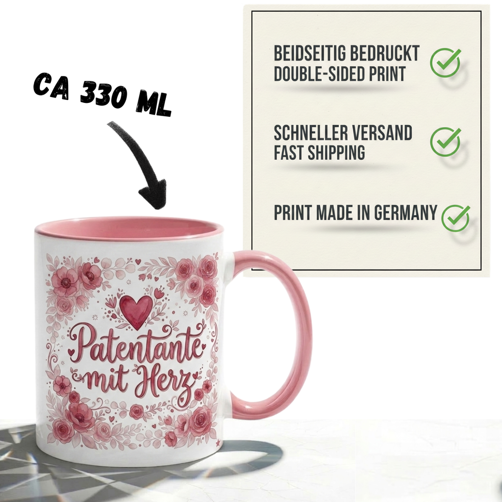 Patentante Tasse Spruch Patentante mit Herz – Geschenk für Patin Geburtstag Danke Taufe Kommunion Weihnachten Patenkind – Kaffeetasse Blumenmotiv – Keramik Becher Weiß Rosa 330ml