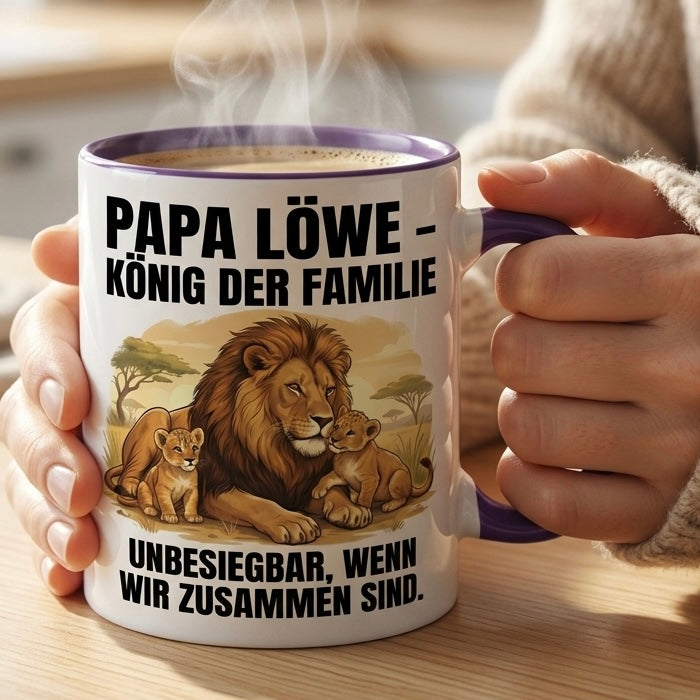 Papa Tasse Spruch Papa Löwe König der Familie Unbesiegbar wenn wir zusammen sind – Geschenk für Vater zum Vatertag Geburtstag Weihnachten – Kaffeetasse Löwen Motiv – Keramik Becher Weiß Schwarz 330ml