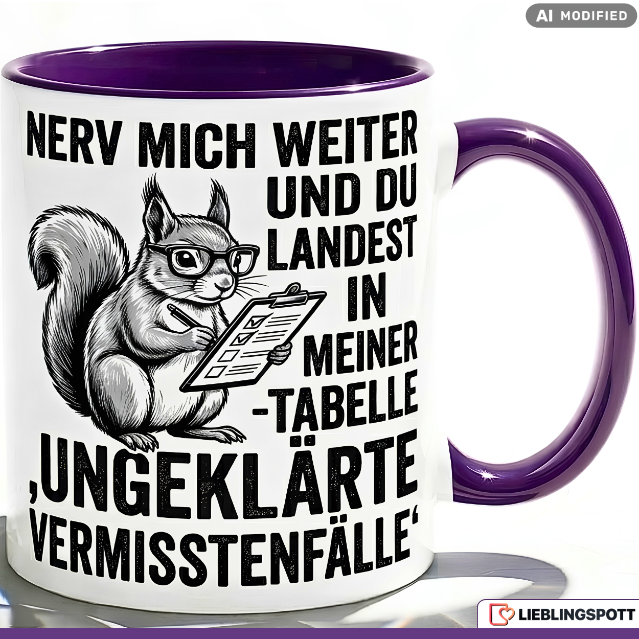 Eichhörnchen Tasse mit Spruch – Lila Büro Keramikbecher 330ml als Geschenk für Kollegen