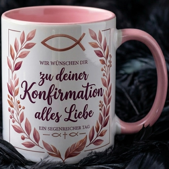 Konfirmation Tasse Spruch Wir wünschen dir zu deiner Konfirmation alles Liebe – Christliches Geschenk für Mädchen Teenager Patenkind 2027 – Kaffeetasse – Keramik Becher Weiß Rosa 330ml