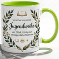 Jugendweihe Tasse Spruch Wir wünschen dir zur Jugendweihe – Geschenk für Jungen Teenager Erinnerung Feier 2027 Glück Erfolg – Kaffeetasse Blätter – Keramik Becher Weiß Blau 330ml