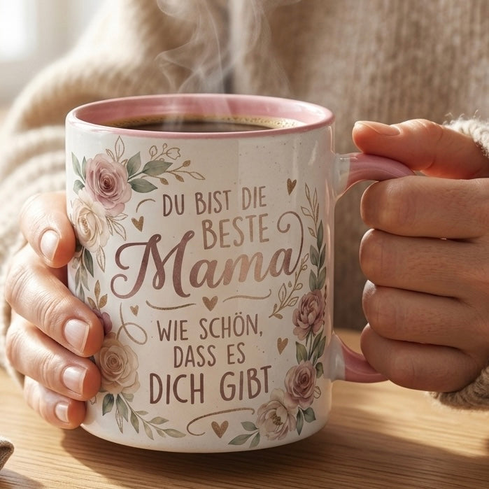 Mama Tasse Spruch Du bist die beste Mama Wie schön dass es dich gibt – Geschenk für Mutter Muttertag Geburtstag Danke Weihnachten – Kaffeetasse Blumen – Keramik Becher Weiß Rosa 330ml
