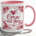 Oma Tasse Spruch Oma mit Herz – Geschenk für Großmutter Geburtstag Danke Weihnachten Enkelkinder – Kaffeetasse Blumenmotiv Rosen – Keramik Becher Weiß Rosa 330ml
