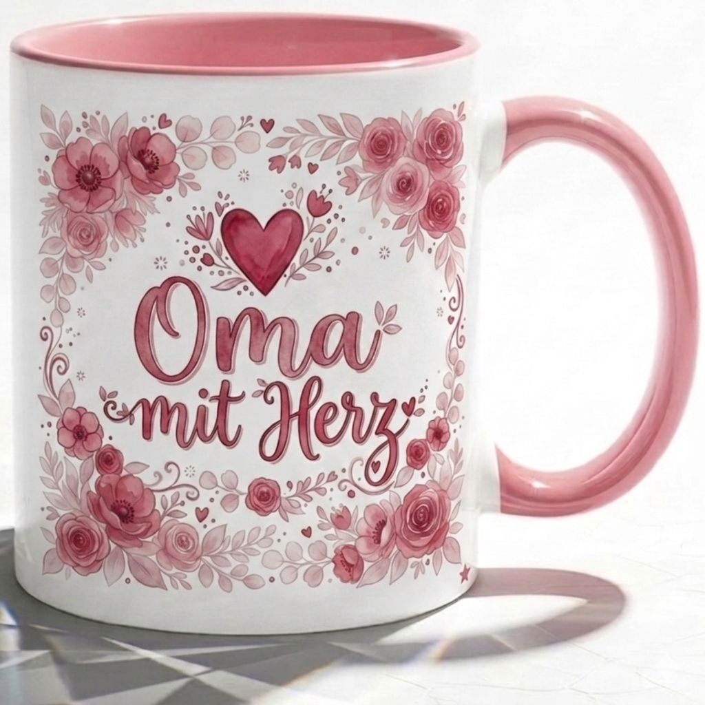 Oma Tasse Spruch Oma mit Herz – Geschenk für Großmutter Geburtstag Danke Weihnachten Enkelkinder – Kaffeetasse Blumenmotiv Rosen – Keramik Becher Weiß Rosa 330ml