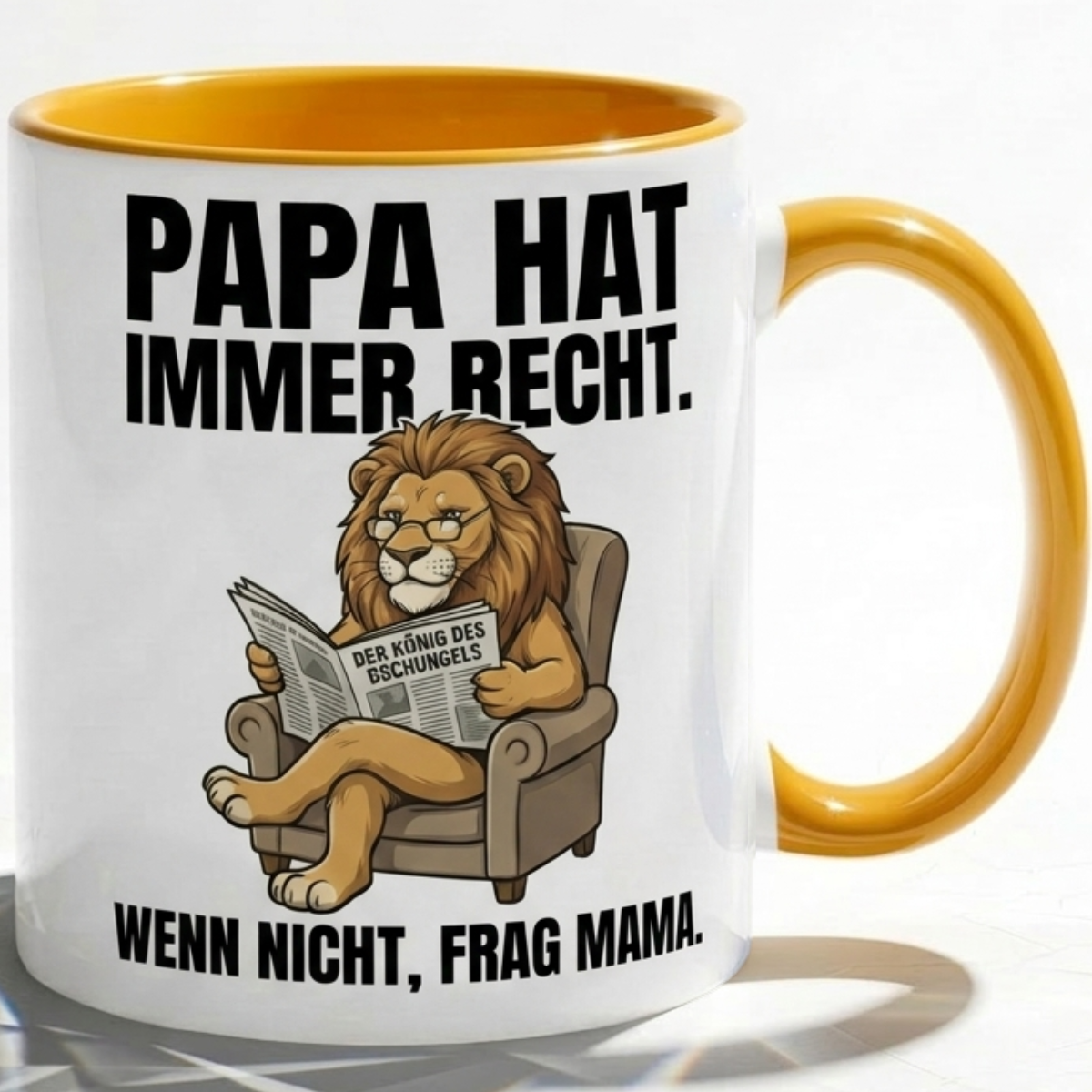 Lustige Papa Tasse Spruch Papa hat immer recht Wenn nicht frag Mama – Witziges Geschenk für Vater zum Vatertag Geburtstag Weihnachten – Löwe König – Keramik Becher 330ml