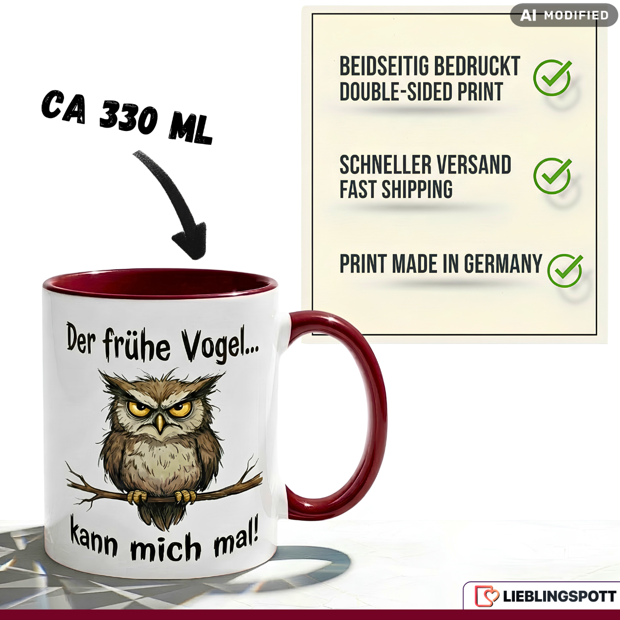 Eule Tasse Spruch Morgenmuffel Büro Geschenk Roter Becher 330ml
