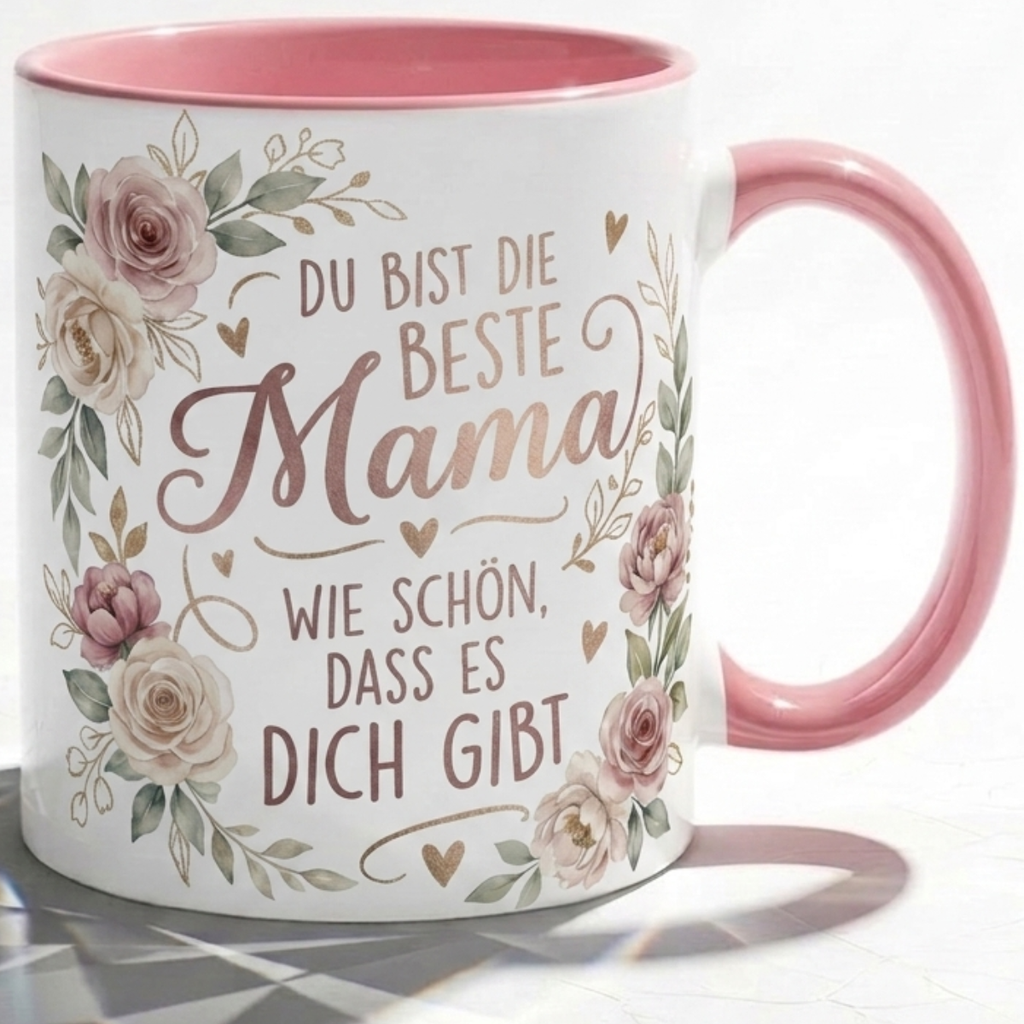 Mama Tasse Spruch Du bist die beste Mama Wie schön dass es dich gibt – Geschenk für Mutter Muttertag Geburtstag Danke Weihnachten – Kaffeetasse Blumen – Keramik Becher Weiß Rosa 330ml