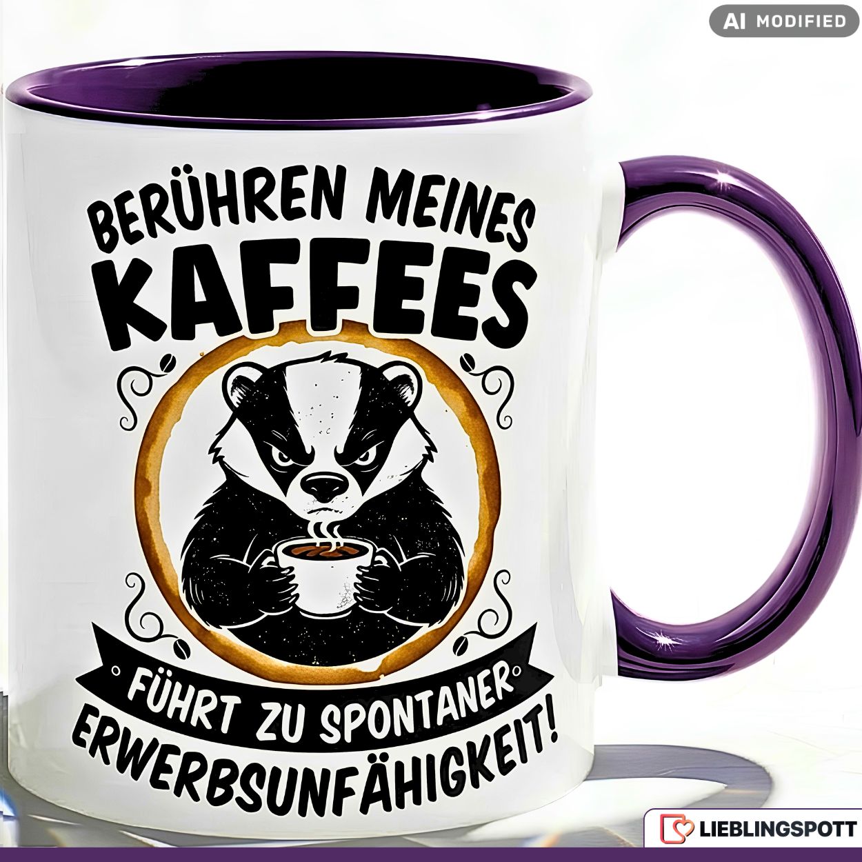 Lustige Dachs Tasse Spruch Berühren meines Kaffees führt zu spontaner Erwerbsunfähigkeit – Witzige Kaffeetasse Büro Arbeit Job – Geschenk Kollegen Chef Humor – Keramik 330ml