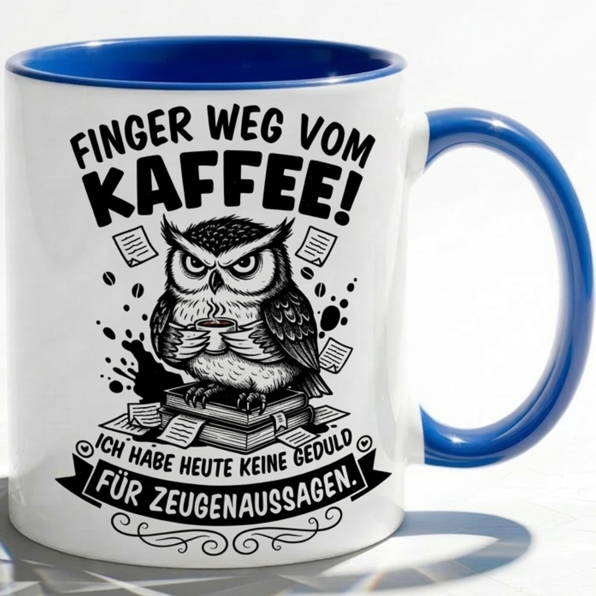 Lustige Eule Tasse Spruch Finger weg vom Kaffee Keine Geduld für Zeugenaussagen – Witzige Kaffeetasse Büro Arbeit Job – Geschenk Kollegen Anwalt Polizei Justiz – Keramik  330ml