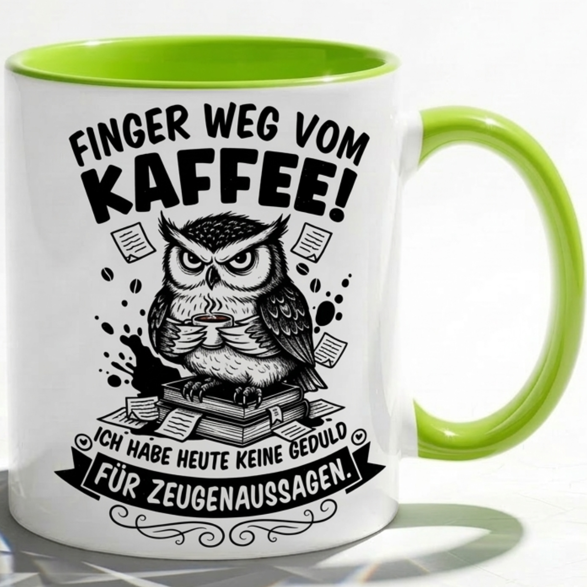 Lustige Eule Tasse Spruch Finger weg vom Kaffee Keine Geduld für Zeugenaussagen – Witzige Kaffeetasse Büro Arbeit Job – Geschenk Kollegen Anwalt Polizei Justiz – Keramik  330ml