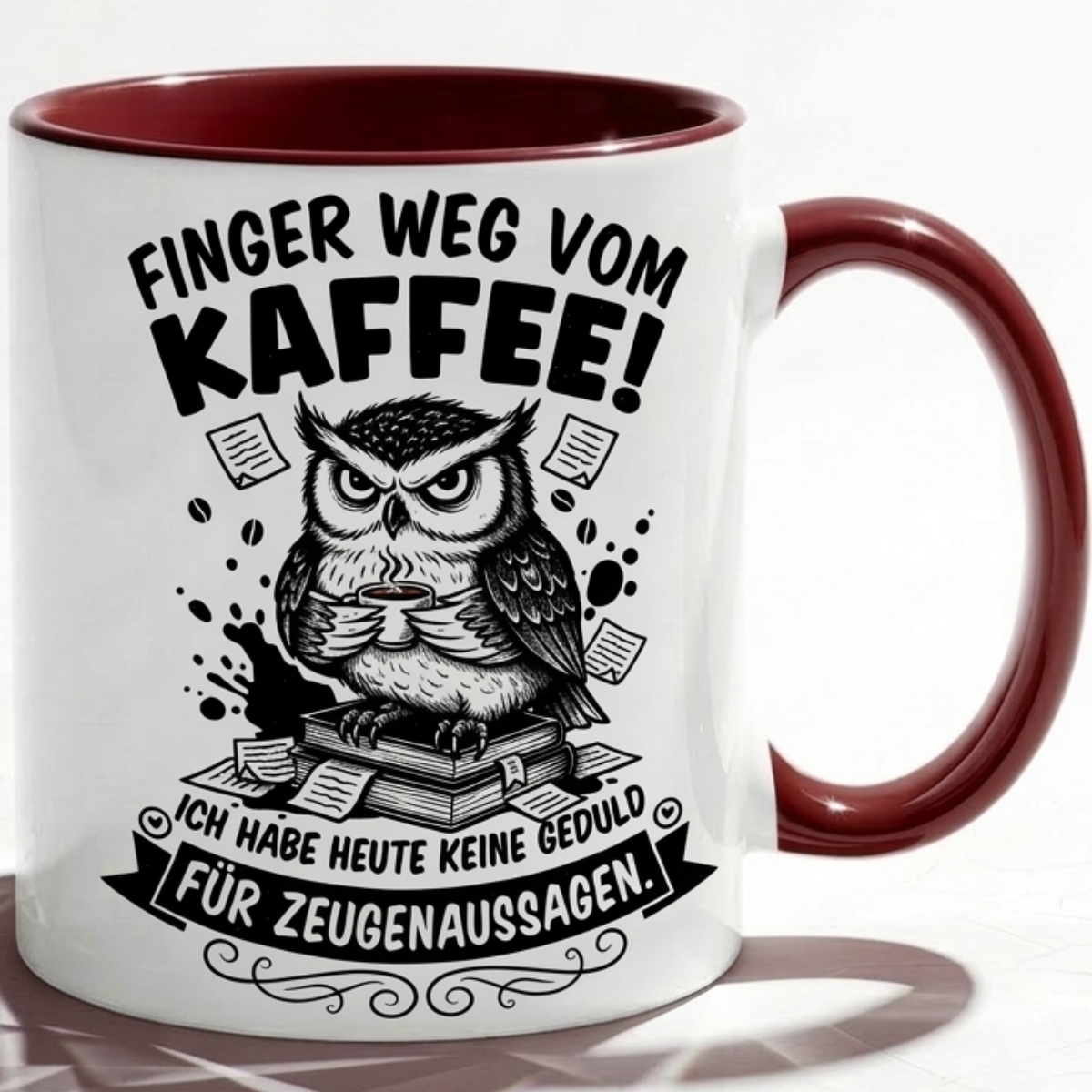 Lustige Eule Tasse Spruch Finger weg vom Kaffee Keine Geduld für Zeugenaussagen – Witzige Kaffeetasse Büro Arbeit Job – Geschenk Kollegen Anwalt Polizei Justiz – Keramik  330ml