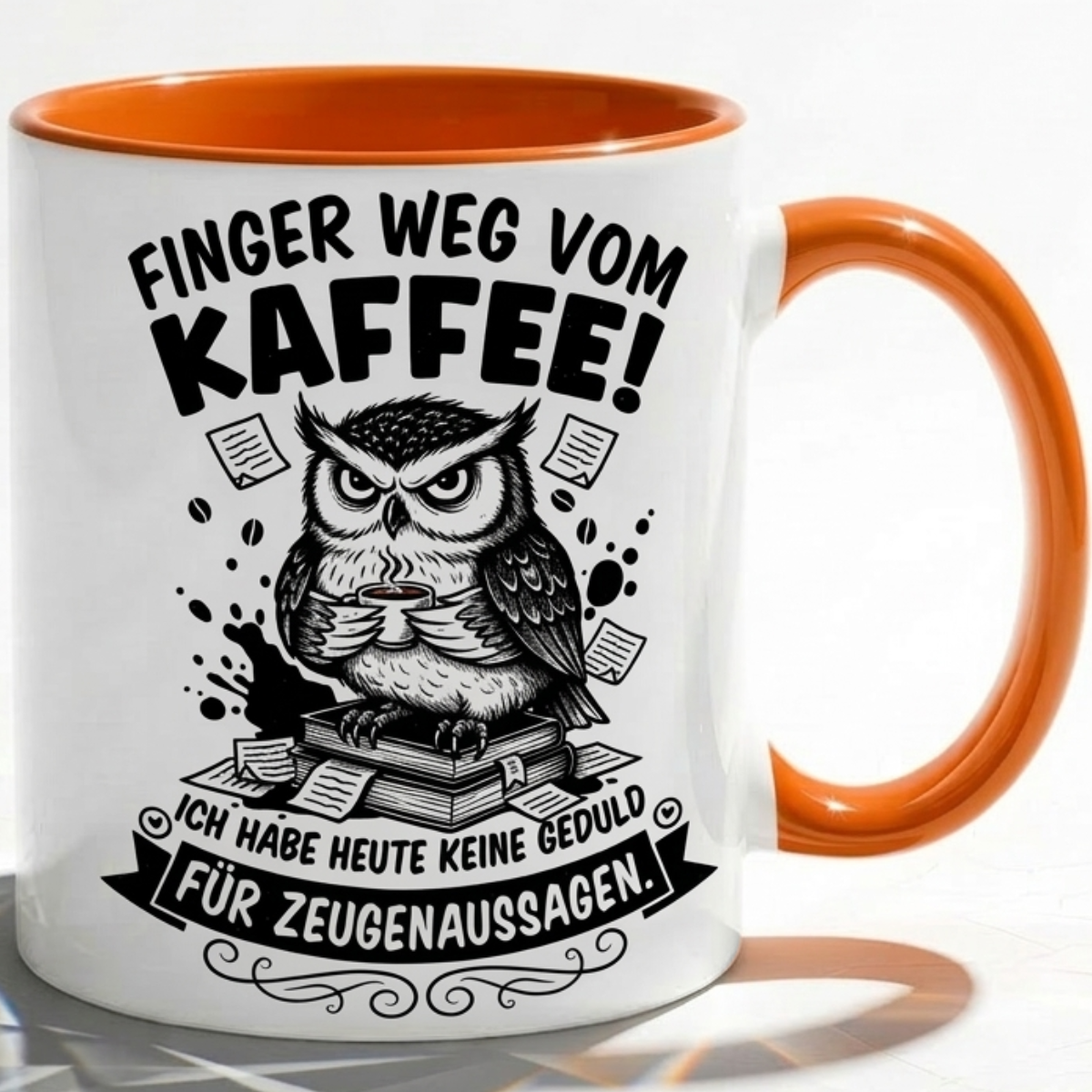 Lustige Eule Tasse Spruch Finger weg vom Kaffee Keine Geduld für Zeugenaussagen – Witzige Kaffeetasse Büro Arbeit Job – Geschenk Kollegen Anwalt Polizei Justiz – Keramik  330ml