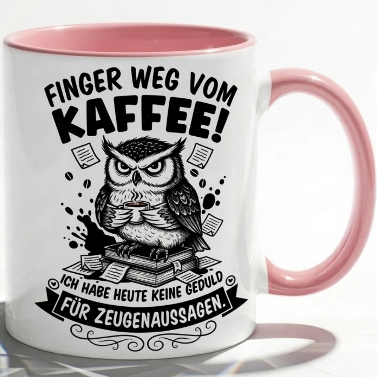 Lustige Eule Tasse Spruch Finger weg vom Kaffee Keine Geduld für Zeugenaussagen – Witzige Kaffeetasse Büro Arbeit Job – Geschenk Kollegen Anwalt Polizei Justiz – Keramik  330ml