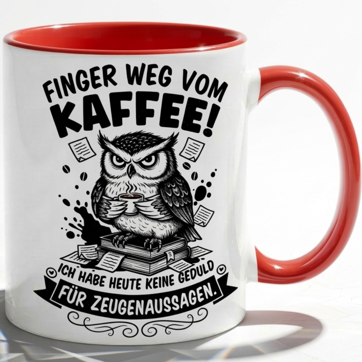 Lustige Eule Tasse Spruch Finger weg vom Kaffee Keine Geduld für Zeugenaussagen – Witzige Kaffeetasse Büro Arbeit Job – Geschenk Kollegen Anwalt Polizei Justiz – Keramik  330ml