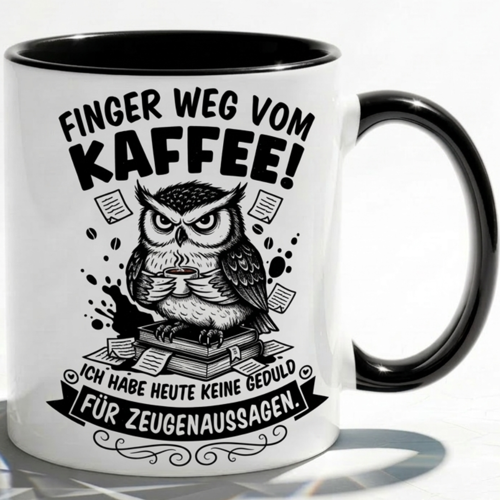 Lustige Eule Tasse Spruch Finger weg vom Kaffee Keine Geduld für Zeugenaussagen – Witzige Kaffeetasse Büro Arbeit Job – Geschenk Kollegen Anwalt Polizei Justiz – Keramik  330ml