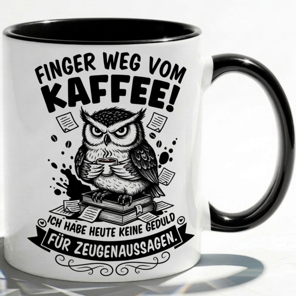 Lustige Eule Tasse Spruch Finger weg vom Kaffee Keine Geduld für Zeugenaussagen – Witzige Kaffeetasse Büro Arbeit Job – Geschenk Kollegen Anwalt Polizei Justiz – Keramik  330ml