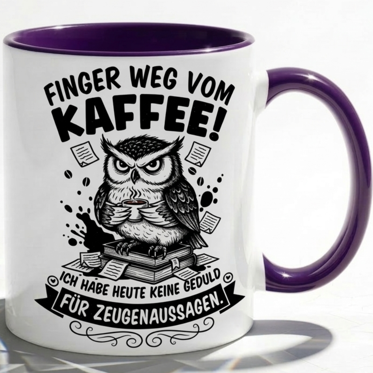 Lustige Eule Tasse Spruch Finger weg vom Kaffee Keine Geduld für Zeugenaussagen – Witzige Kaffeetasse Büro Arbeit Job – Geschenk Kollegen Anwalt Polizei Justiz – Keramik  330ml