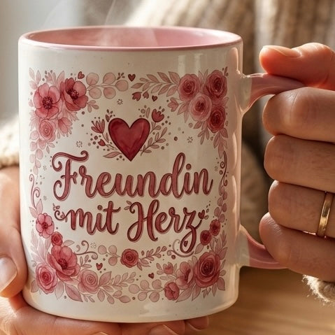 Freundin Tasse Spruch Freundin mit Herz – Geschenk für beste Freundin Geburtstag Danke Weihnachten Abschied – Kaffeetasse Blumenmotiv – Keramik Becher Weiß Lila 330ml