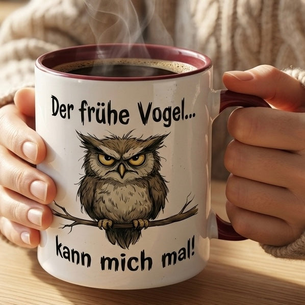 Eule Tasse Spruch Der frühe Vogel kann mich mal – Witzige Kaffeetasse Büro Arbeit Job Morgenmuffel Humor – Geschenk Kollegen Chef – Keramik Becher 330ml