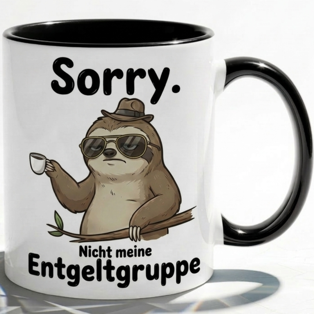 Lustige Faultier Tasse Spruch Sorry Nicht meine Entgeltgruppe – Witzige Kaffeetasse Büro Arbeit Job Humor – Geschenk Kollegen Chef Öffentlicher Dienst TVöD Beamte – Keramik Becher 330ml