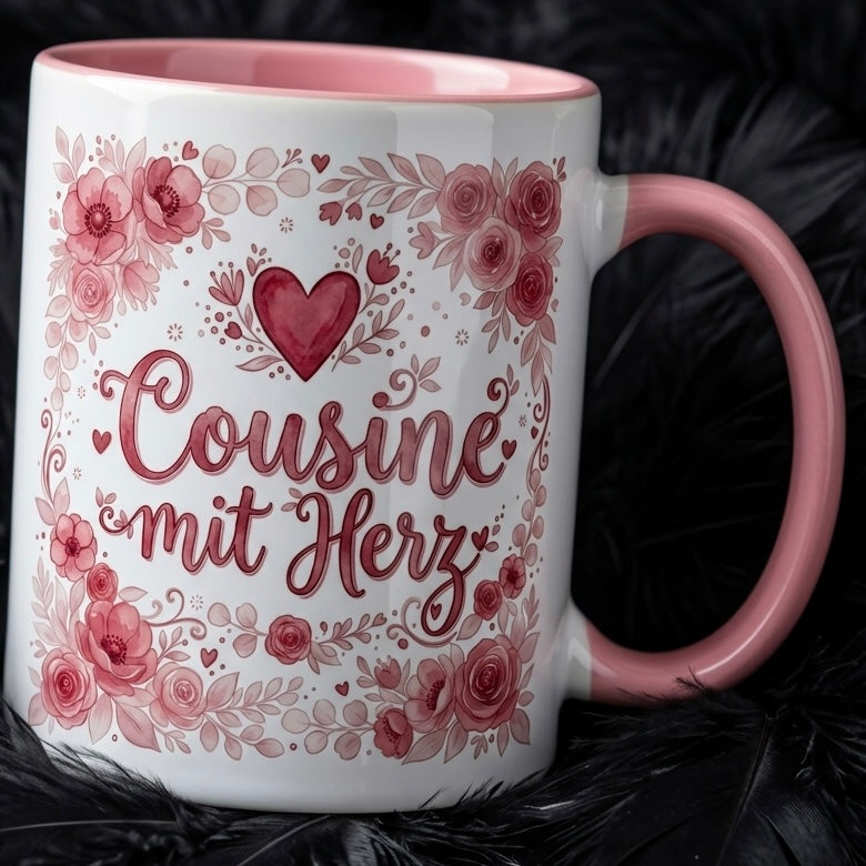 Cousine Tasse Spruch Cousine mit Herz – Geschenk für Cousinen Geburtstag Danke Weihnachten Familie – Kaffeetasse Blumen Rosen – Keramik Becher 330ml