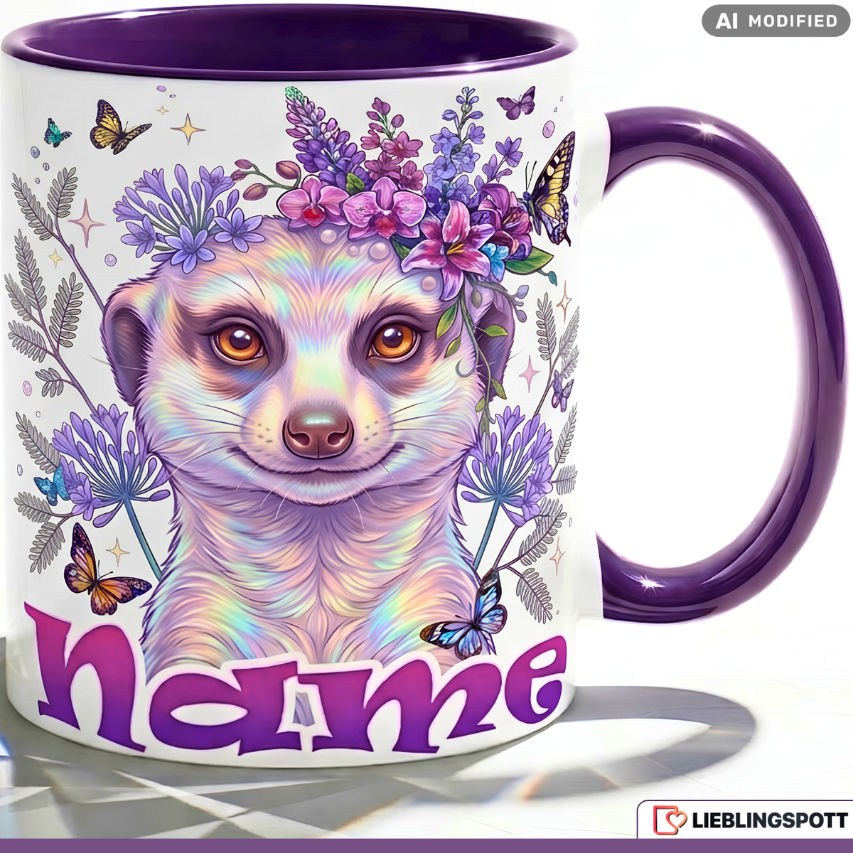 Erdmännchen Tasse Name personalisiert Geschenk Mädchen Lila Becher 330ml