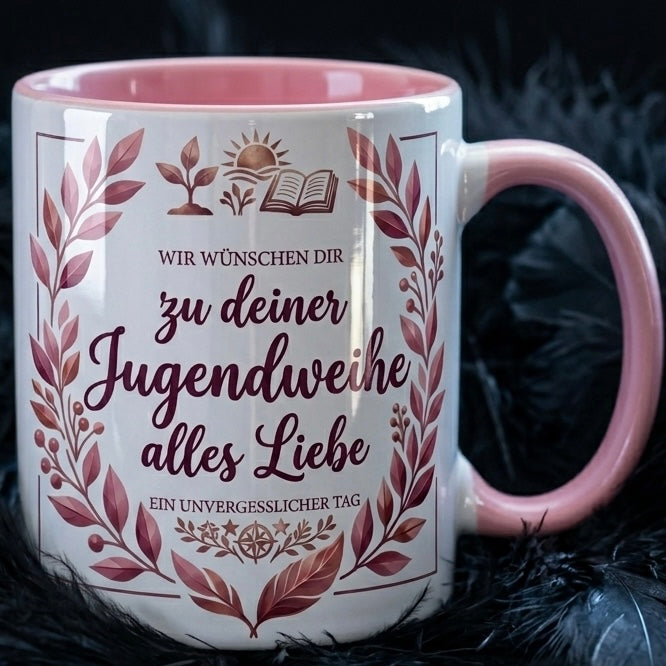 Jugendweihe Tasse Spruch Wir wünschen dir zu deiner Jugendweihe alles Liebe – Geschenk für Mädchen Teenager Erinnerung Feier 2027 – Kaffeetasse Blumenmotiv– Keramik Becher Weiß Rosa 330ml
