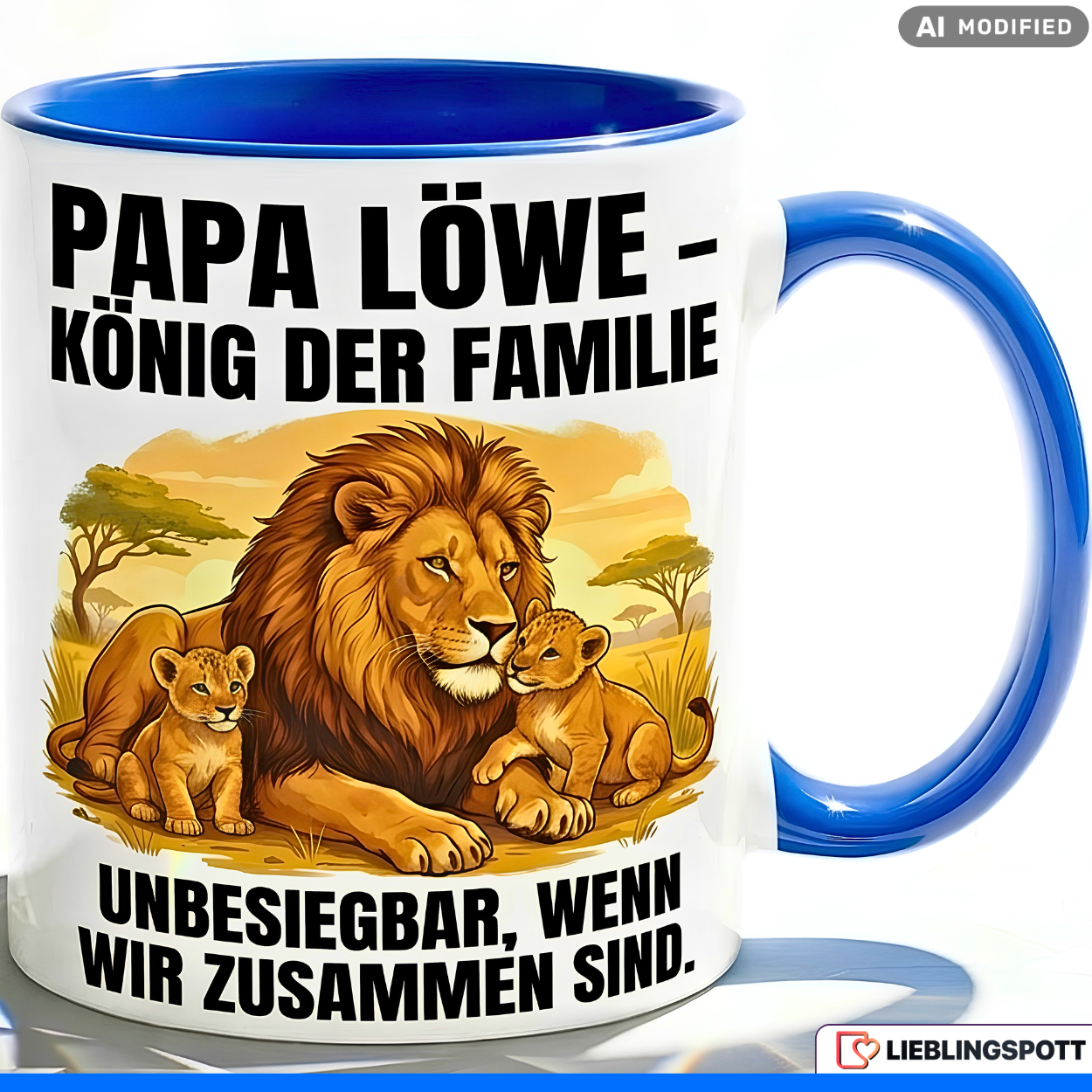 Papa Tasse Spruch Papa Löwe König der Familie Unbesiegbar wenn wir zusammen sind – Geschenk für Vater zum Vatertag Geburtstag Weihnachten – Kaffeetasse Löwen Motiv – Keramik Becher Weiß Schwarz 330ml