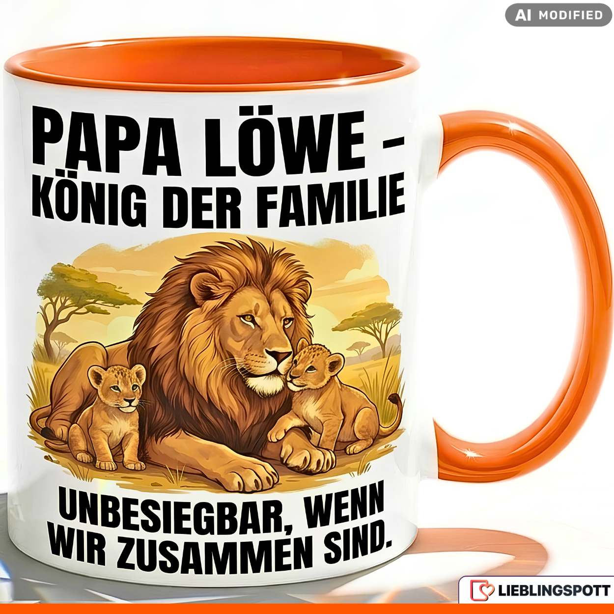 Papa Tasse Spruch Papa Löwe König der Familie Unbesiegbar wenn wir zusammen sind – Geschenk für Vater zum Vatertag Geburtstag Weihnachten – Kaffeetasse Löwen Motiv – Keramik Becher Weiß Schwarz 330ml