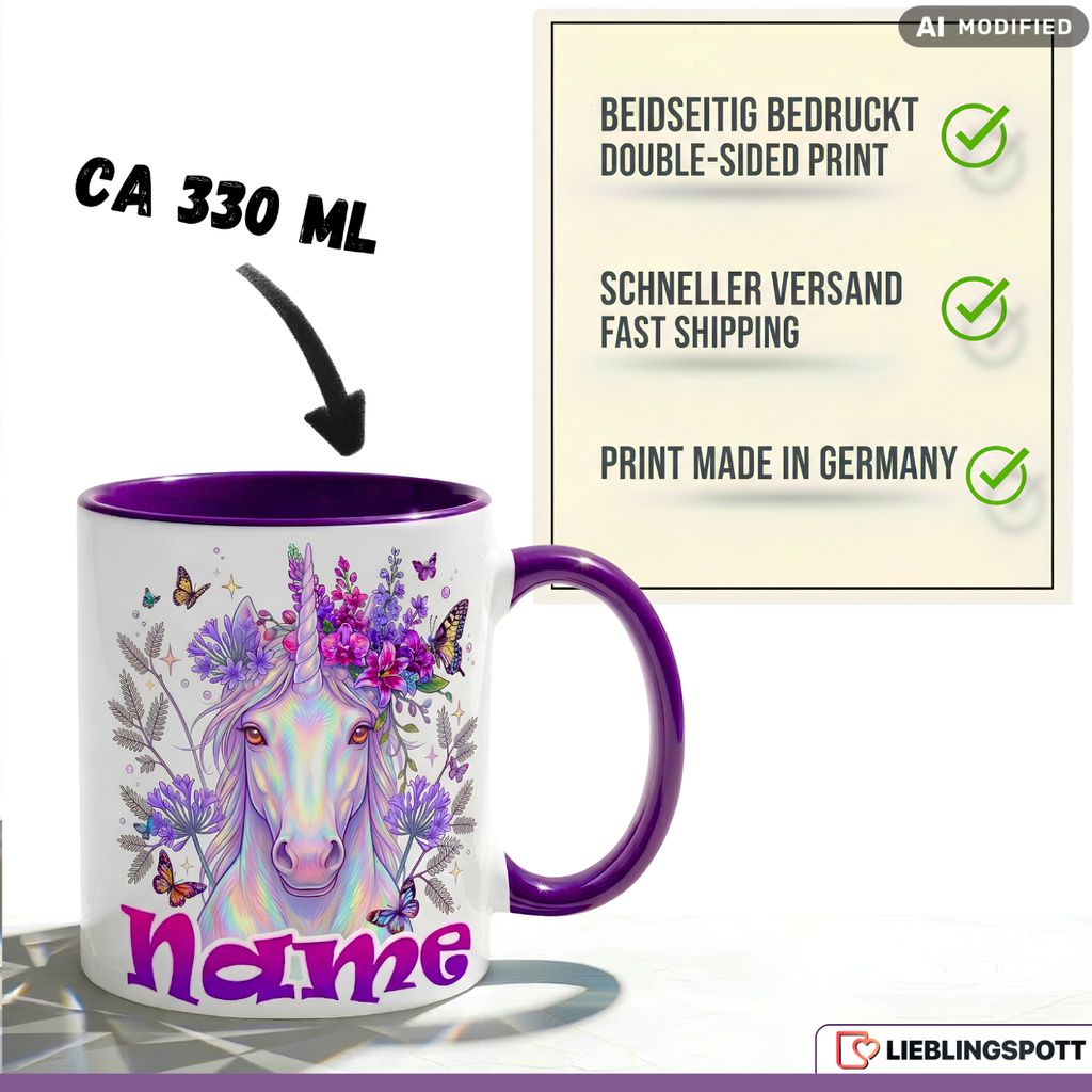 Einhorn Tasse Name personalisiert Geschenk Mädchen Lila Becher 330ml
