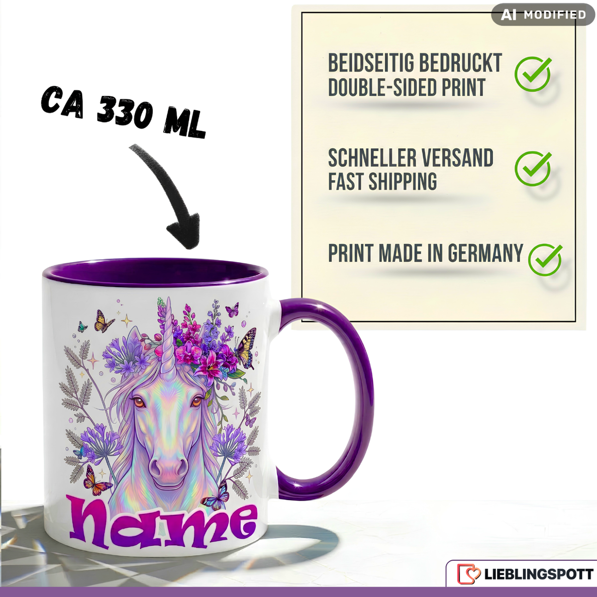 Einhorn Tasse Name personalisiert Geschenk Mädchen Lila Becher 330ml