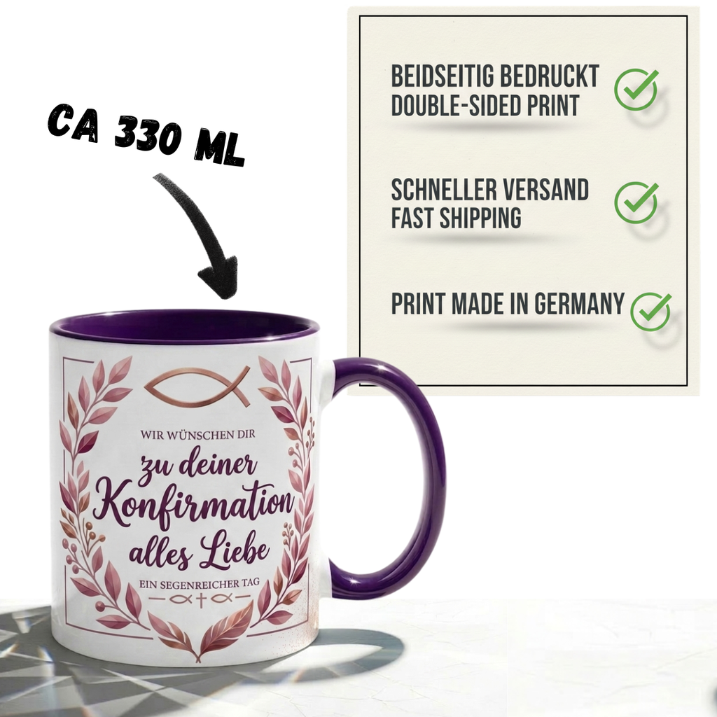 Konfirmation Tasse Spruch Wir wünschen dir zu deiner Konfirmation alles Liebe – Christliches Geschenk für Mädchen Teenager Patenkind 2027 – Kaffeetasse – Keramik Becher Weiß Rosa 330ml
