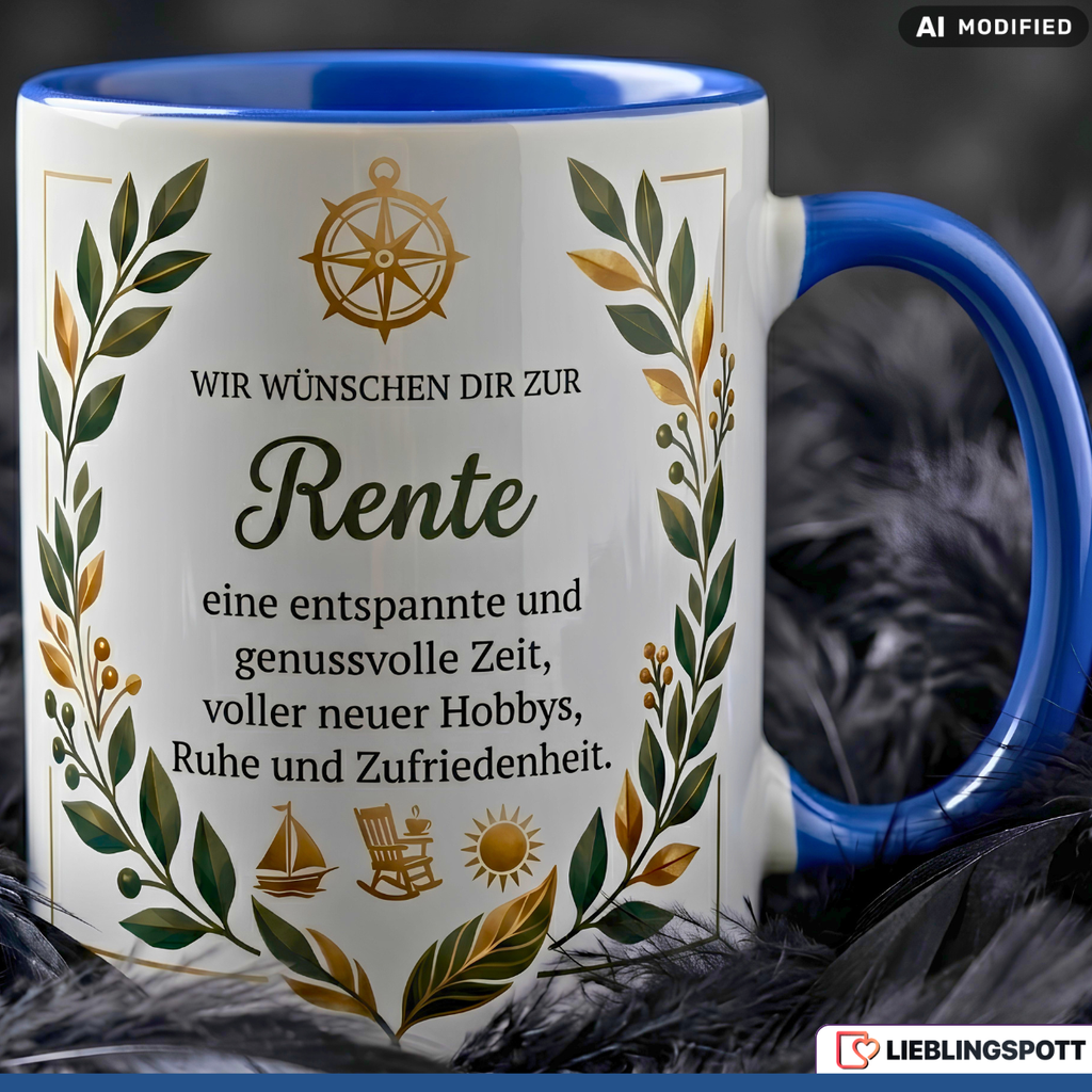 Tasse Spruch Wir wünschen dir zur Rente eine entspannte genussvolle Zeit – Geschenk zum Ruhestand Abschied Kollege Rente 2026 – Kaffeetasse – Keramik Becher Weiß Blau 330ml