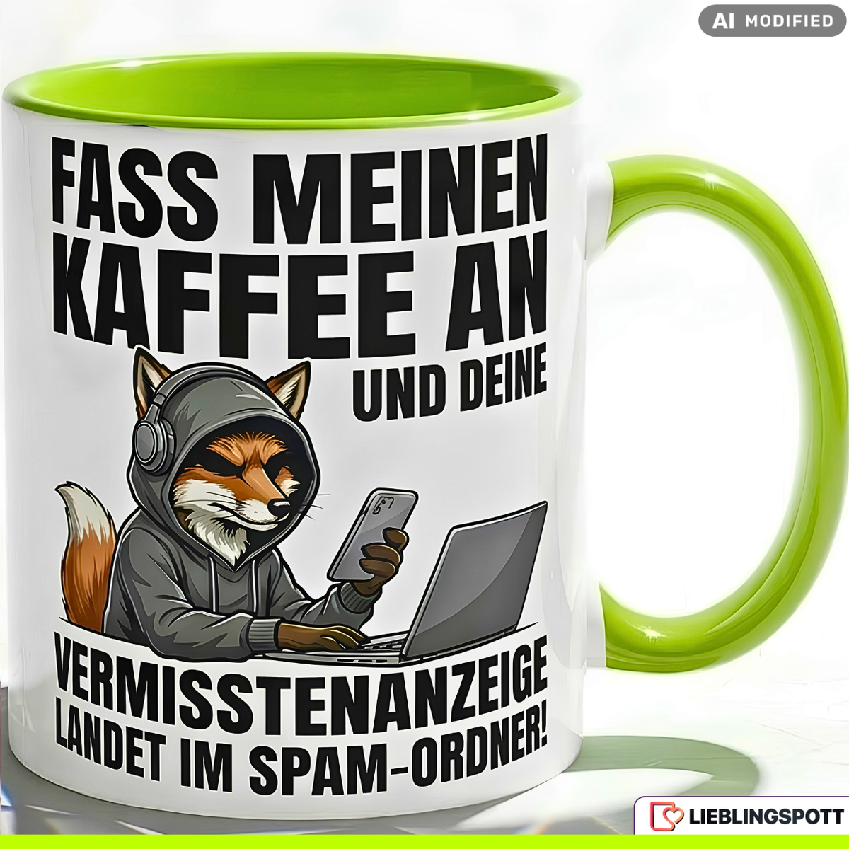 Fuchs Tasse Spruch Fass meinen Kaffee an Vermisstenanzeige landet im Spam-Ordner – Witzige Kaffeetasse Büro Arbeit Job IT Hacker Humor – Geschenk Kollegen – Keramik Becher 330ml