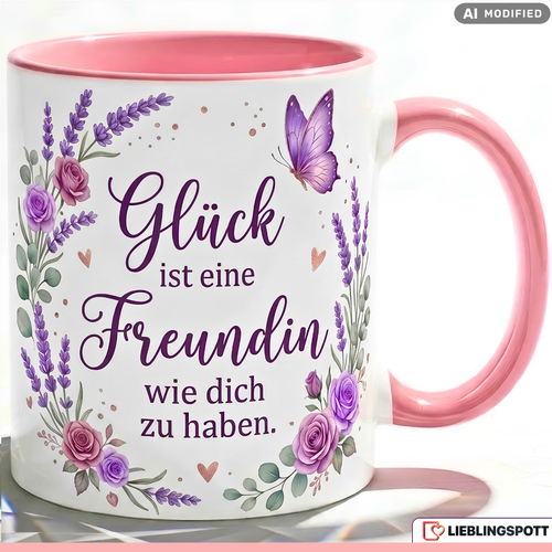 Freundin Tasse Spruch Glück Geschenk Danke Geburtstag Lila Becher 330ml