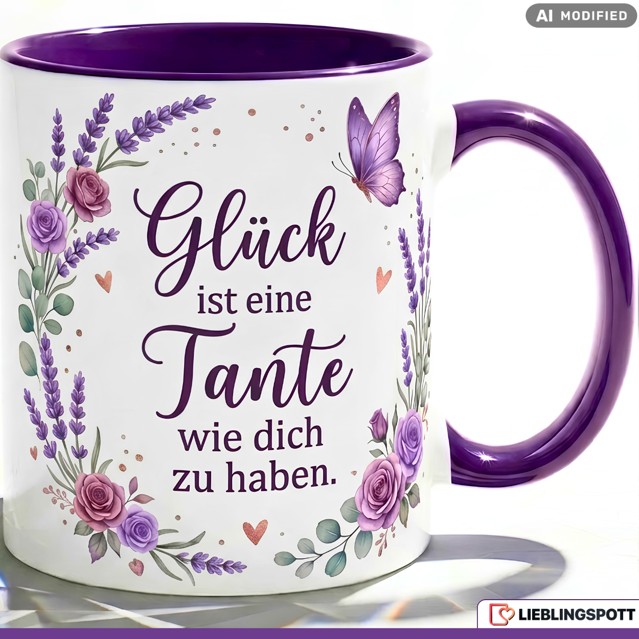 Tante Tasse Spruch Glück Geschenk Danke Geburtstag Lila Becher 330ml
