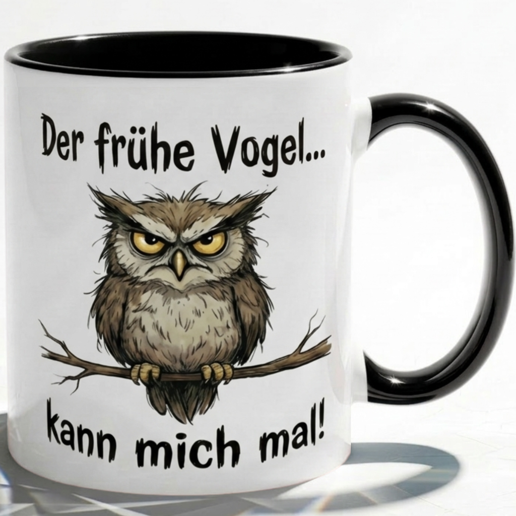 Eule Tasse Spruch Der frühe Vogel kann mich mal – Witzige Kaffeetasse Büro Arbeit Job Morgenmuffel Humor – Geschenk Kollegen Chef – Keramik Becher 330ml