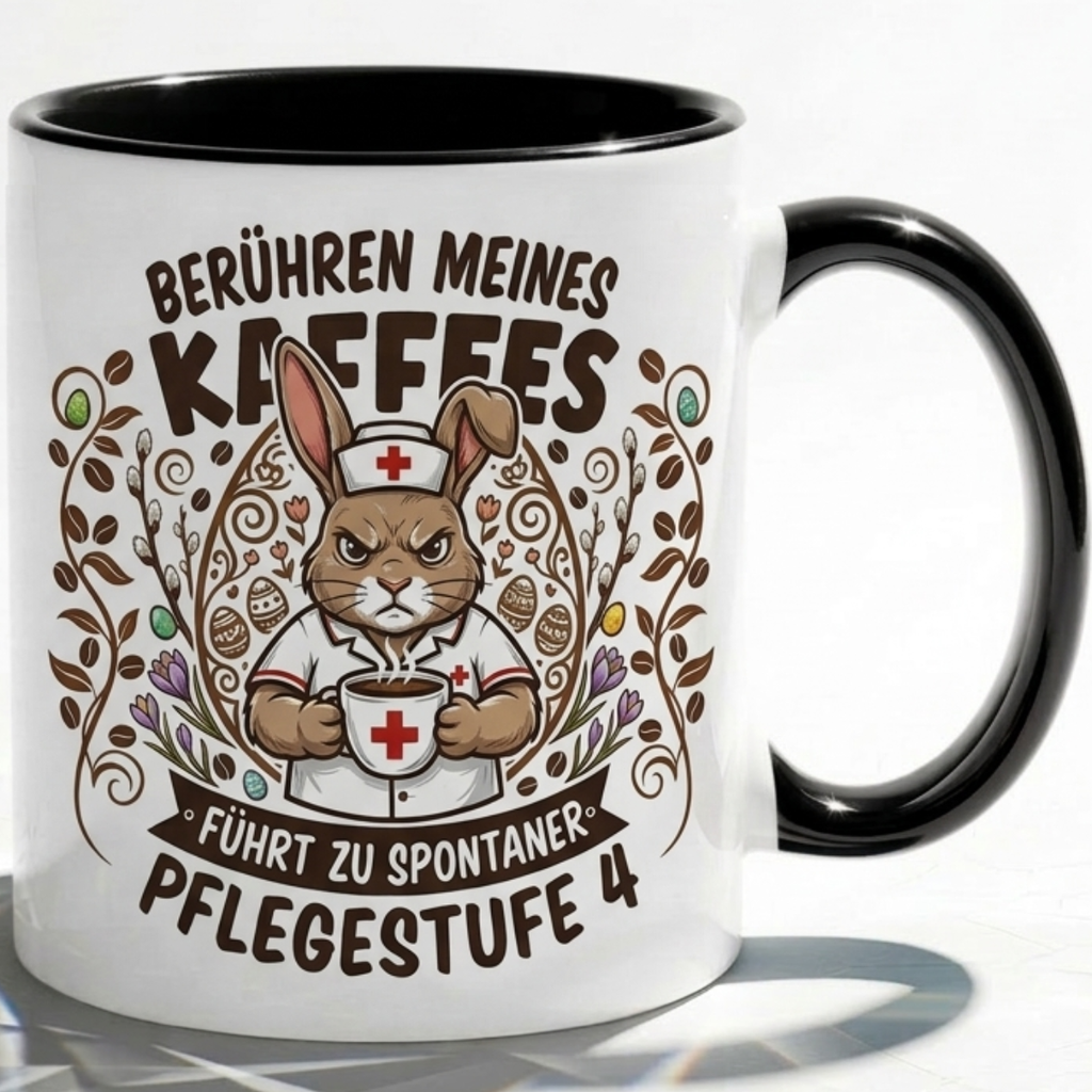 Pflege Tasse Spruch Berühren meines Kaffees führt zu spontaner Pflegestufe 4 – Witzige Kaffeetasse Krankenschwester Altenpflege Beruf Humor – Geschenk Kollegen – Keramik 330ml