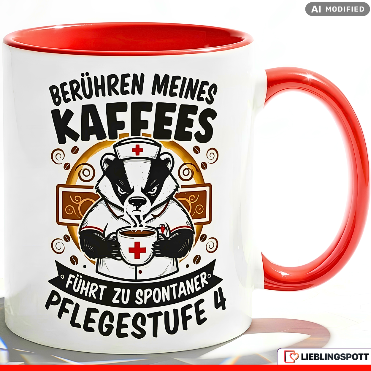 Lustige Dachs Tasse Spruch Berühren meines Kaffees führt zu spontaner Pflegestufe 4 – Witzige Kaffeetasse Pflegekraft Krankenschwester Pfleger – Geschenk Krankenhaus Altenpflege – Keramik 330ml