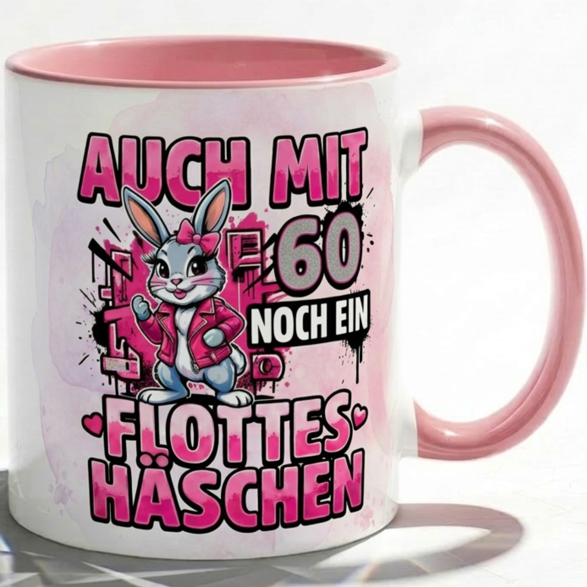 Geburtstags Tasse 60 Jahre für Frau Geschenk Häschen in Rosa Kaffeebecher