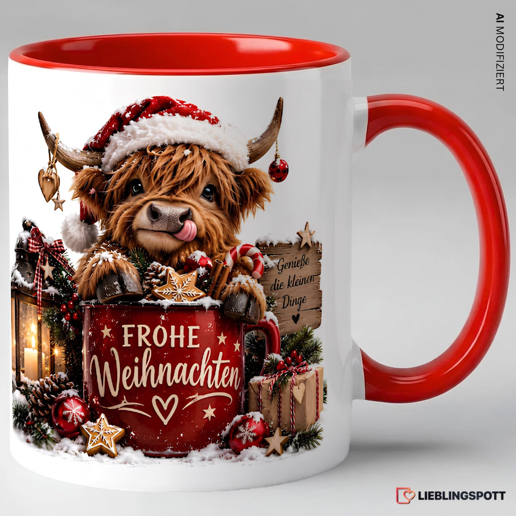 Keramiktasse Frohe Weihnachten mit Highland-Kuh, Variante Rot