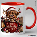 Keramiktasse Frohe Weihnachten mit Highland-Kuh, Variante Rot