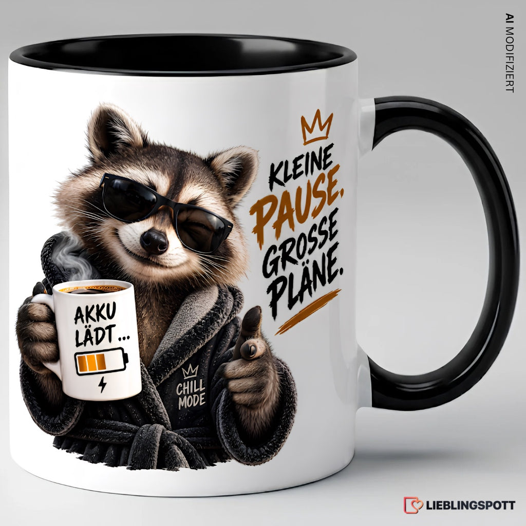 Keramiktasse Waschbär Spruch kleine Pause große Pläne schwarz