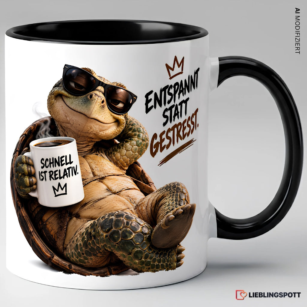 Schildkröten Tasse Entspannt statt gestresst Schwarz