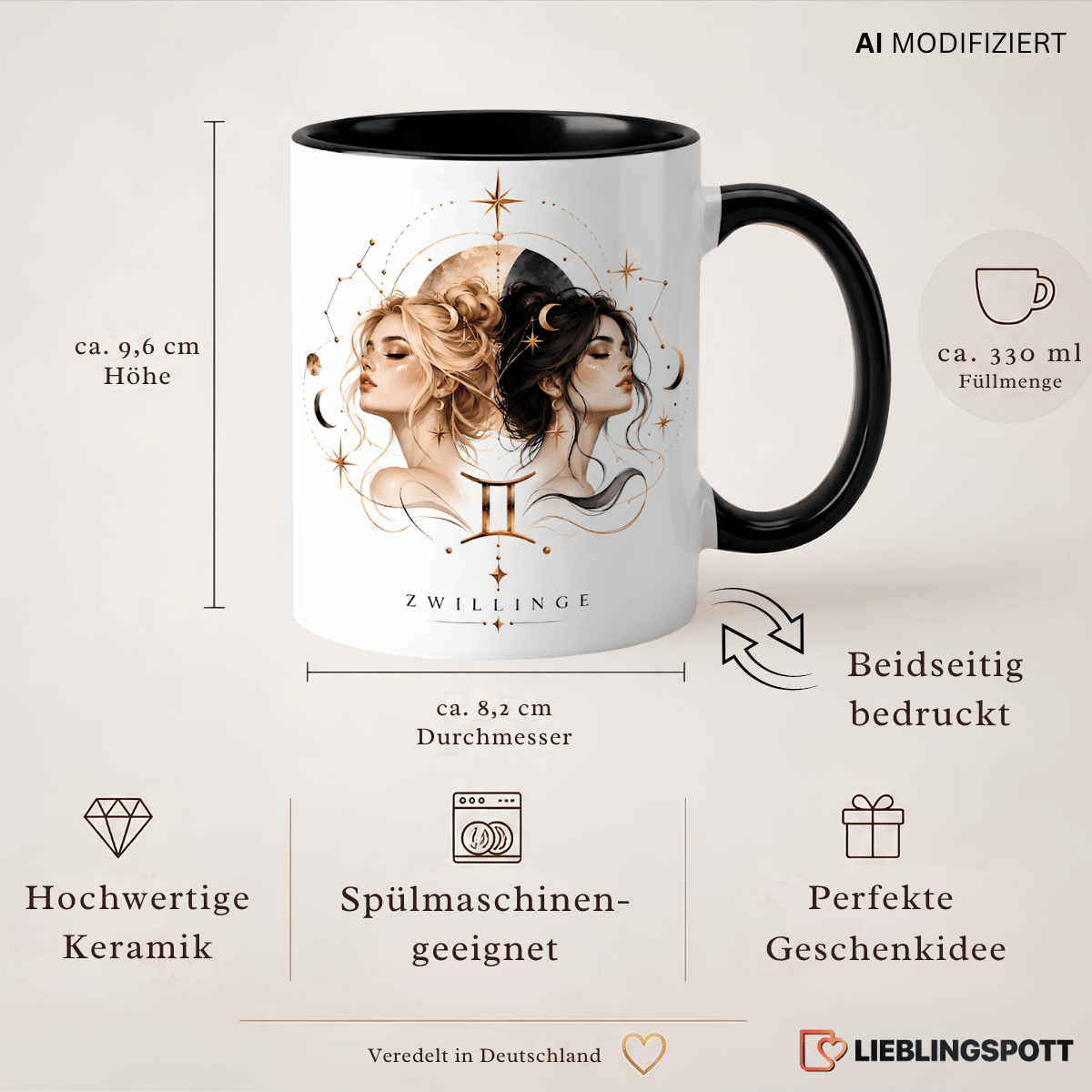 Zwillinge Tasse Maße 330 ml und Produktvorteile