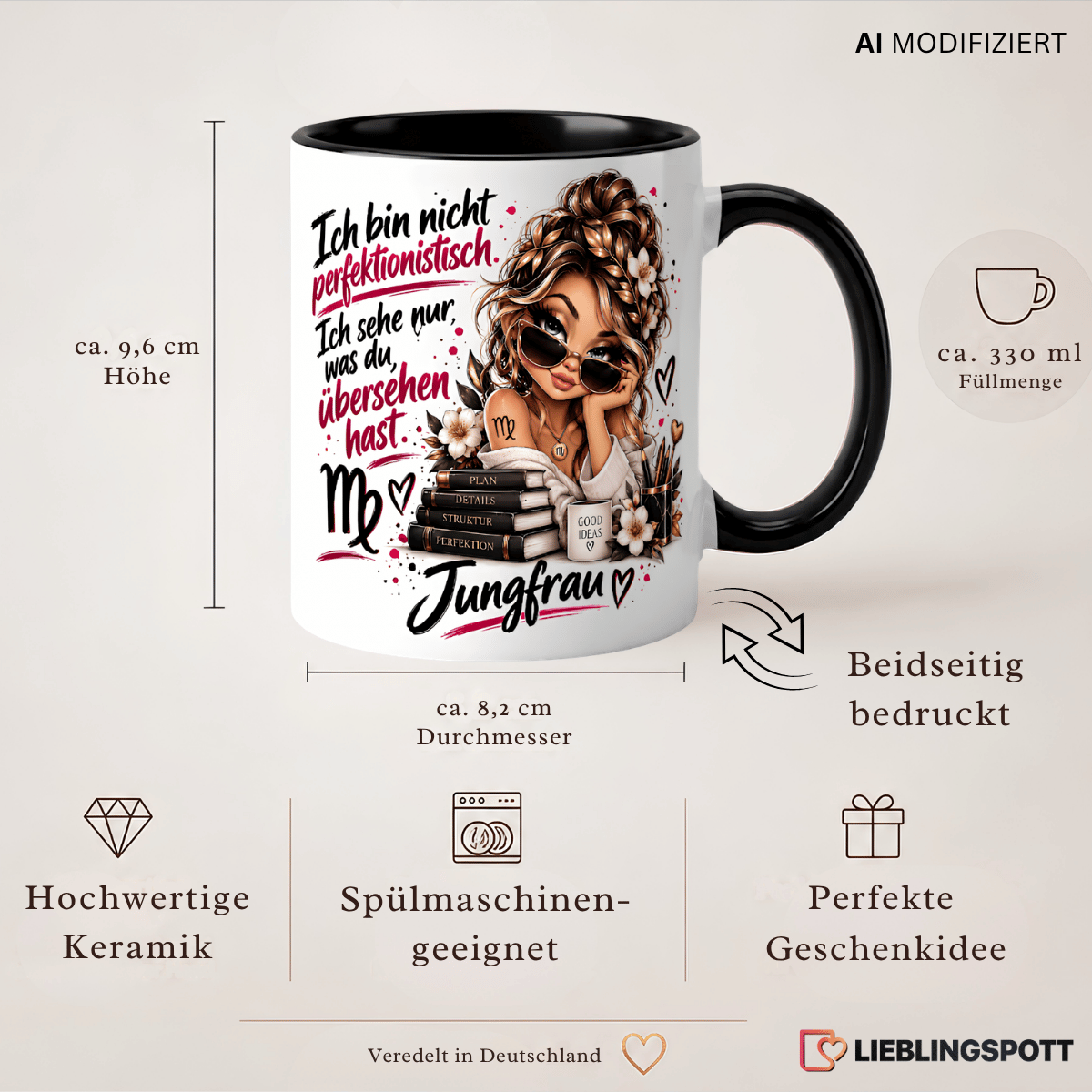 Jungfrau Tasse Maße 330 ml und Produktvorteile