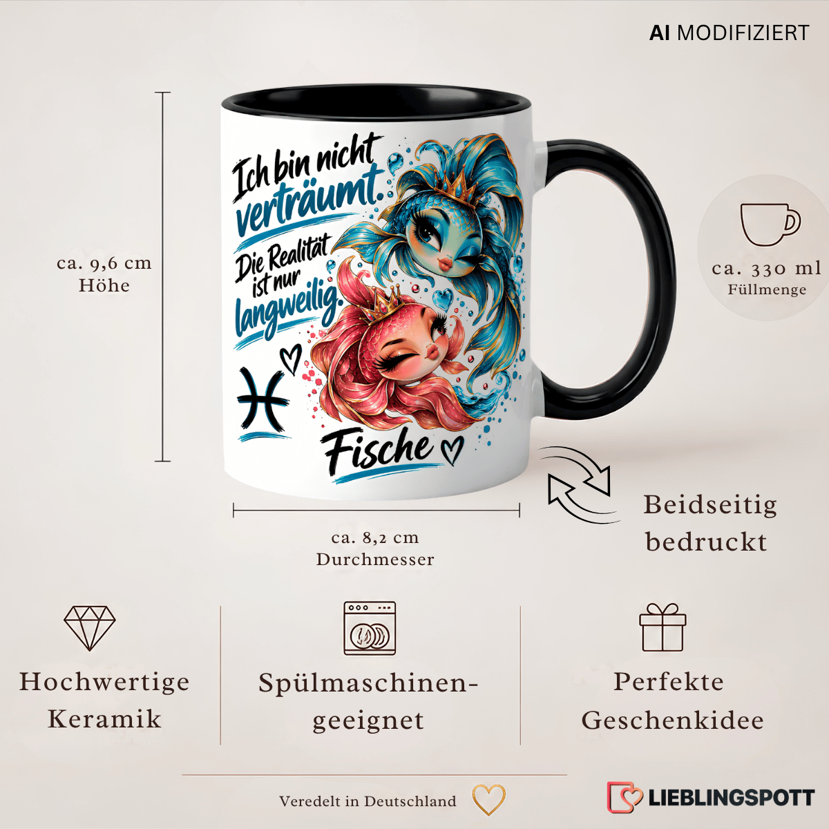 Fische Tasse Maße 330 ml und Produktvorteile