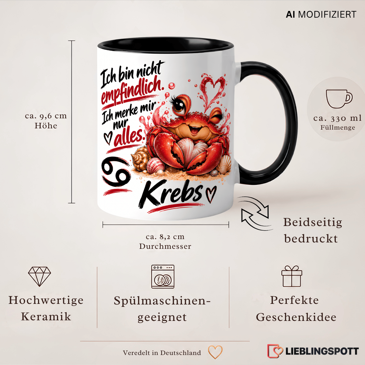 Krebs Tasse Maße 330 ml und Produktvorteile