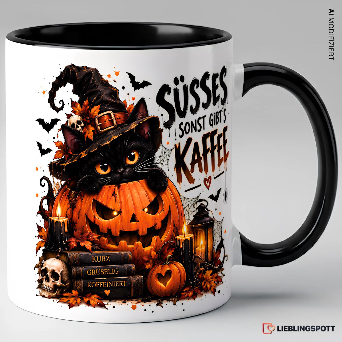 Halloween Tasse Süßes sonst gibt’s Kaffee – Schwarz